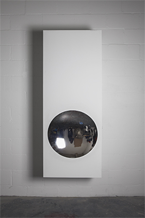 1.ooking at The real world from within The real world 24, 2014, Stainless steel, magnets, motor, action sensor, coins, 70 x 36 x 185 cm