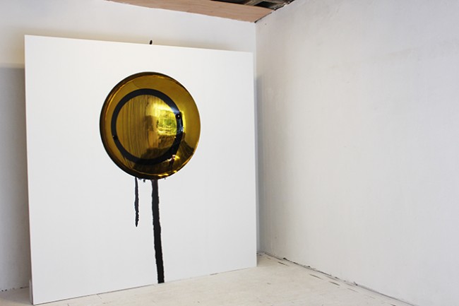 Sungfeel Yun, Looking at the Real World from within the Real World 19, 2014, Urethane on stainless steel, magnets, motor, action sensor and liquid magnet, 110 x 110 x 20 cm.