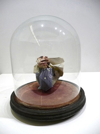 'The Dog's Dinner', magazine paper sculpture under antique glass dome, 30x24x24cm, 2013website