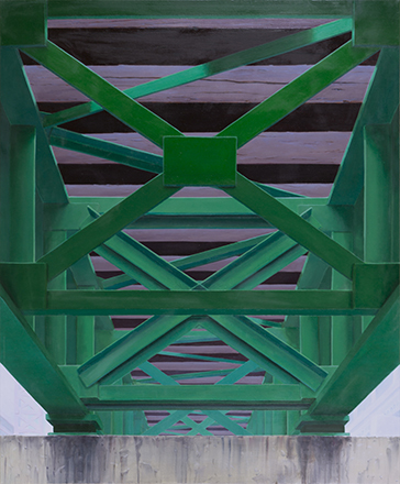 Ingo Baumgarten, Untitled (green railway bridge, Susaek, Seoul), 2014. Oil on canvas, 100 x 120 cm.