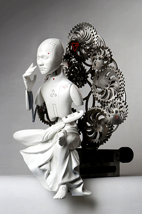 Ziwon Wang, "Buddha_z", 2009, urethane, stainless steel  machinery, electronic device (CPU board motor),  40 x 230 x 20 cm.