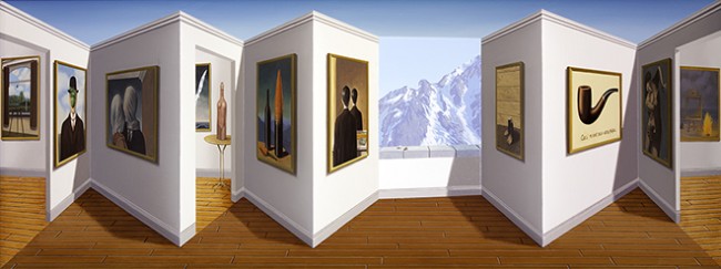 Patrick Hughes, "Marvellous Magritte", 2014. Oil on board construction, 29 x 77 x 11 cm. Unique.