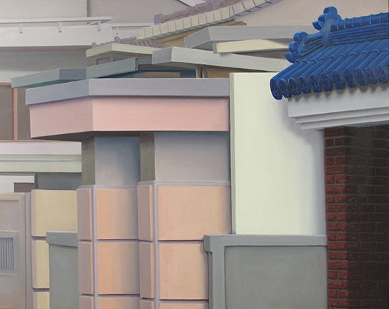 Ingo Baumgarten, untitled (blue tiled roof, jutaek decoration, Jeongnamdong, Seoul), 2012. Oil on canvas, 80 x 100 cm.